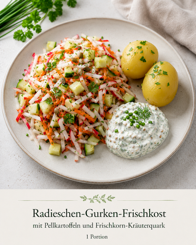 Radieschen-Gurken-Frischkost mit Pellkartoffeln und Frischkorn-Kräuterquark