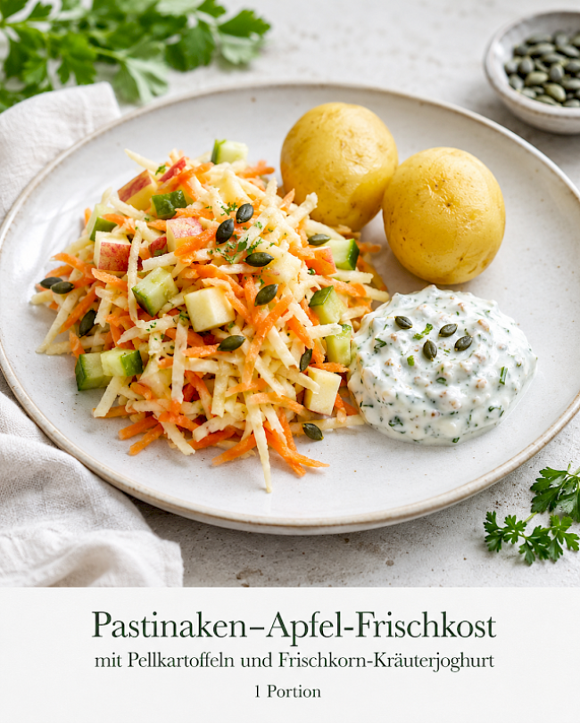 Pastinaken-Apfel-Frischkost mit Pellkartoffeln und Frischkorn-Kräuterjoghurt