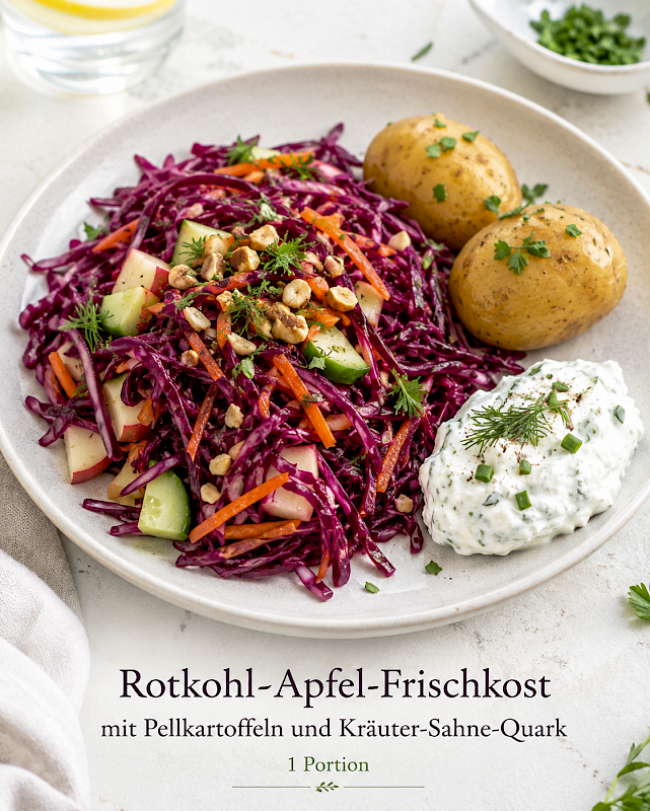 Rotkohl-Apfel-Frischkost mit Pellkartoffeln und Kräuter-Sahne-Quark
