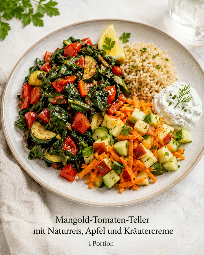 Mangold-Tomaten-Teller mit Naturreis, Apfel und Kräutercreme
