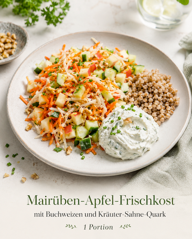 Mairüben-Apfel-Frischkost mit Buchweizen und Kräuter-Sahne-Quark