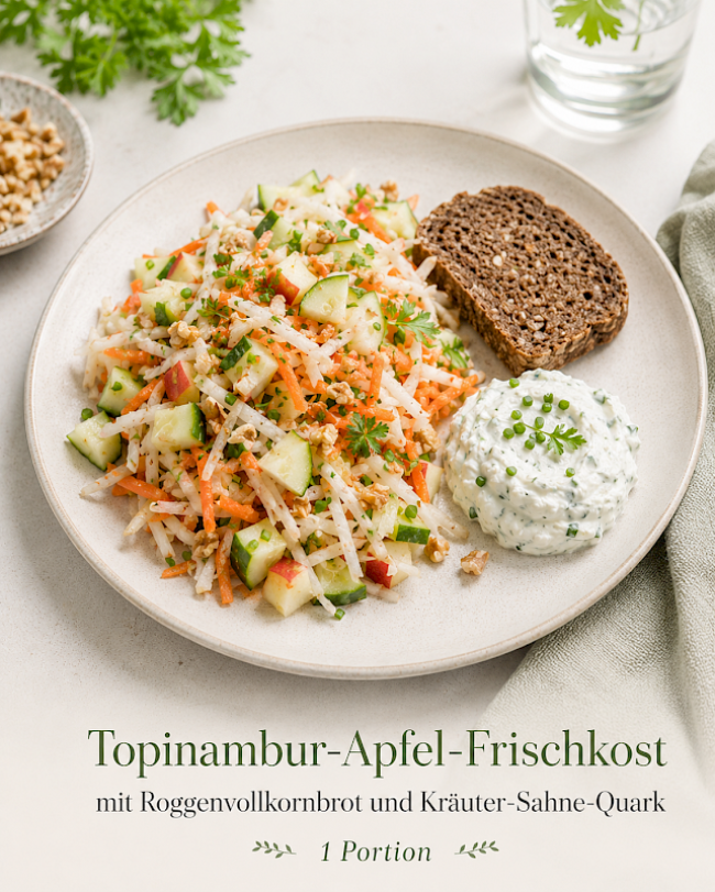 Topinambur-Apfel-Frischkost mit Roggenvollkornbrot und Kräuter-Sahne-Quark