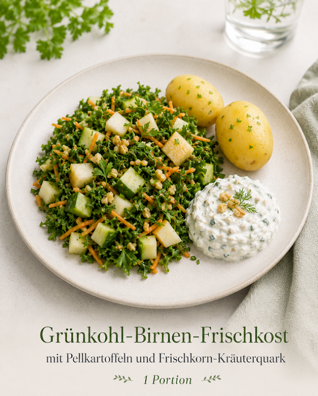 Grünkohl-Birnen-Frischkost mit Pellkartoffeln und Frischkorn-Kräuterquark