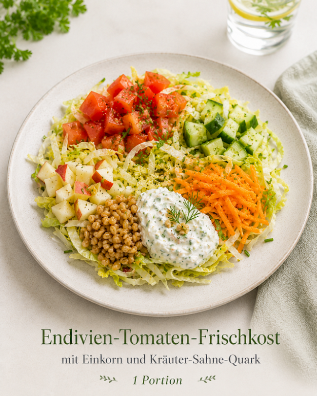 Endivien-Tomaten-Frischkost mit Einkorn und Kräuter-Sahne-Quark