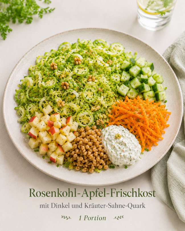 Rosenkohl-Apfel-Frischkost mit Dinkel und Kräuter-Sahne-Quark