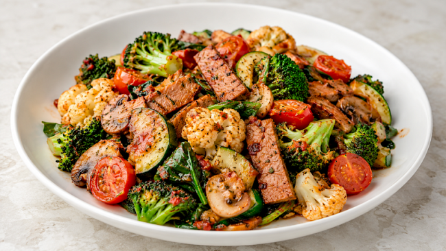 Mediterrane Seitan-Gemüse-Pfanne mit Blumenkohl, Brokkoli, Zucchini und Spinat