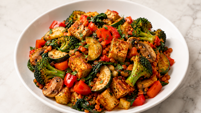 Würzige Tofu-Linsen-Gemüse-Pfanne mit Brokkoli, Paprika und Champignons