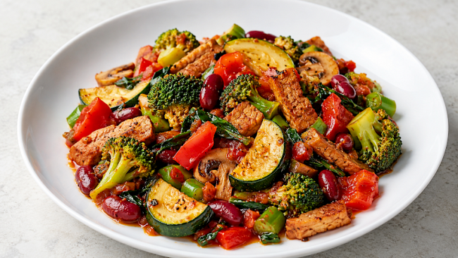 Mexikanisch gewürzte Seitan-Bohnen-Gemüse-Pfanne mit Brokkoli, Paprika und Spinat