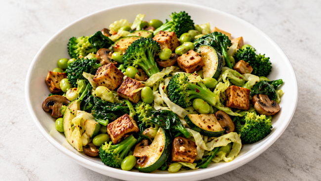 Grüne Protein-Gemüse-Pfanne mit Räuchertofu, Edamame, Spitzkohl und Brokkoli