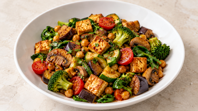 Orientalische Tofu-Kichererbsen-Gemüse-Pfanne mit Brokkoli, Aubergine und Spinat