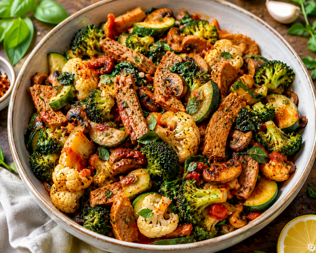 Mediterrane Seitan-Blumenkohl-Pfanne mit Brokkoli, Zucchini und Spinat