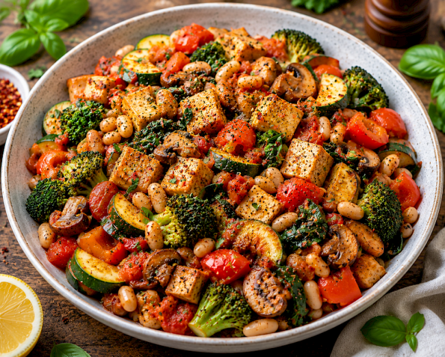 Mediterrane Tofu-Bohnen-Gemüse-Pfanne mit Brokkoli, Paprika und Spinat