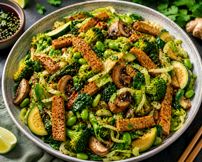 Teriyaki-Style Seitan-Gemüse-Pfanne mit Brokkoli, Spitzkohl und Edamame