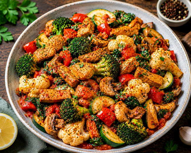 Würzige Lupinen-Brokkoli-Gemüse-Pfanne mit Blumenkohl, Paprika und Spinat