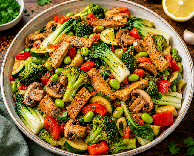 Zitronige Seitan-Edamame-Gemüse-Pfanne mit Brokkoli, Paprika und Pak Choi