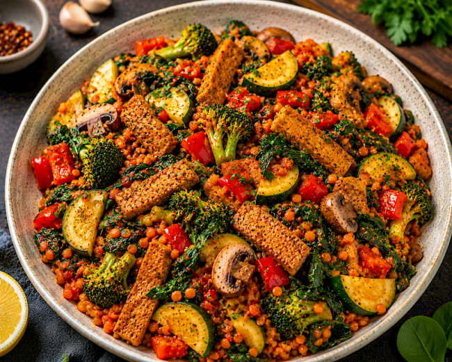 Würzige Seitan-Linsen-Gemüse-Pfanne mit Brokkoli, Paprika und Spinat