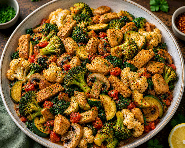 Herzhafte Seitan-Lupinen-Gemüse-Pfanne mit Brokkoli, Blumenkohl und Spinat