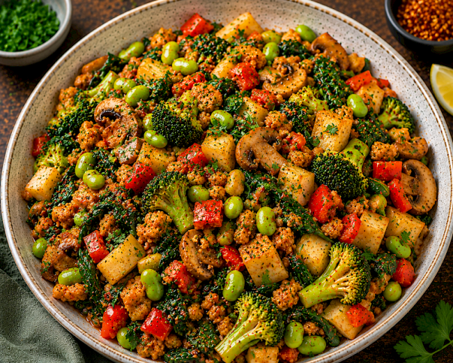 Herzhafte Soja-Kohlrabi-Gemüse-Pfanne mit Brokkoli, Edamame und Spinat
