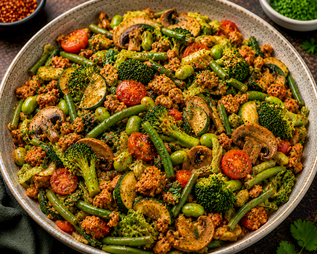 Knackige Soja-Grüne-Bohnen-Pfanne mit Brokkoli, Wirsing und Edamame