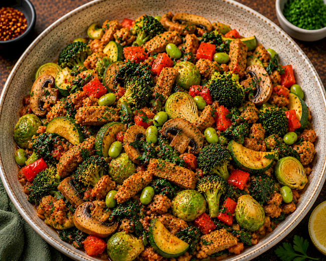 Würzige Erbsenprotein-Gemüse-Pfanne mit Rosenkohl, Brokkoli, Edamame und Spinat