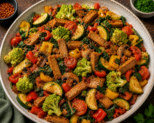 Aromatische Seitan-Romanesco-Gemüse-Pfanne mit Mangold, Zucchini und Paprika