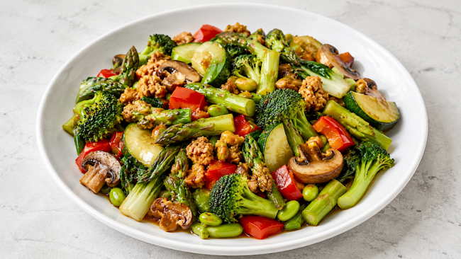 Asiatische Soja-Spargel-Gemüse-Pfanne mit Brokkoli, Pak Choi und Edamame