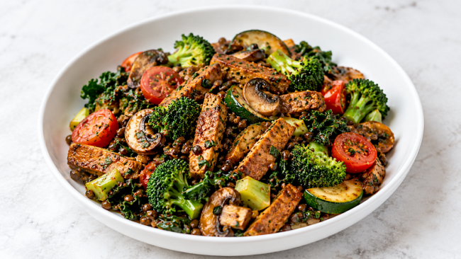 Mediterrane Seitan-Belugalinsen-Gemüse-Pfanne mit Brokkoli, Grünkohl und Zucchini