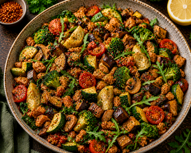 Mediterrane Soja-Artischocken-Gemüse-Pfanne mit Brokkoli, Aubergine und Rucola