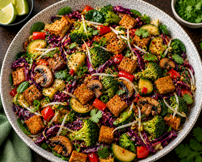 Würzige Tempeh-Rotkohl-Gemüse-Pfanne mit Brokkoli, Mungobohnensprossen und Champignons