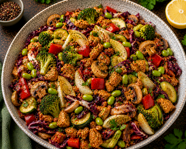 Würzige Soja-Chicorée-Gemüse-Pfanne mit Brokkoli, Radicchio, Edamame und Champignons