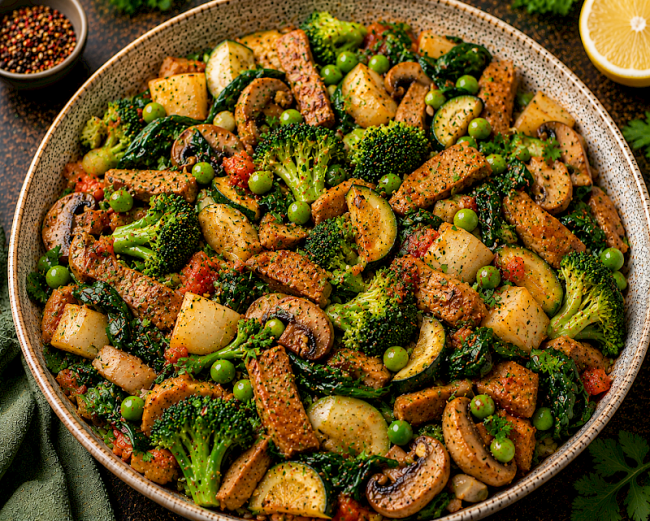 Mediterrane Seitan-Erbsen-Gemüse-Pfanne mit Brokkoli, Mairübchen und Spinat