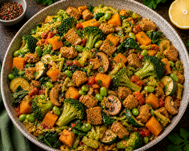 Würzige Erbsenprotein-Kürbis-Gemüse-Pfanne mit Brokkoli, Wirsing und Edamame