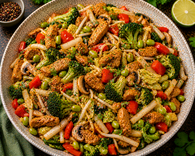 Asiatische Soja-Rettich-Gemüse-Pfanne mit Brokkoli, Chinakohl, Edamame und Mungobohnensprossen