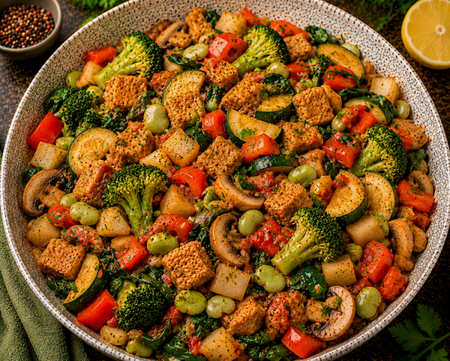 Herzhafte Soja-Topinambur-Gemüse-Pfanne mit Brokkoli, Ackerbohnen und Spinat