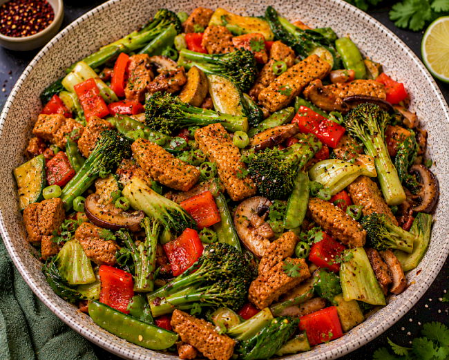 Asiatische Soja-Bimi-Gemüse-Pfanne mit Zuckerschoten, Pak Choi und Shiitake