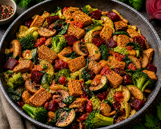 Herzhafte Soja-Rote-Bete-Gemüse-Pfanne mit Brokkoli, Wirsing und Spinat