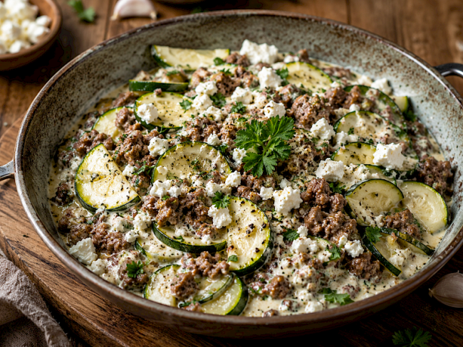 59.Low-Carb-Rezept: Cremige Zucchini-Hack-Pfanne mit Skyr-Feta-Sauce