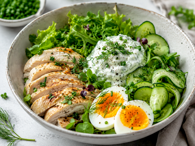 60. Low-Carb-Rezept: Hähnchen-Gurken-Bowl mit Ei & Kräuterquark
