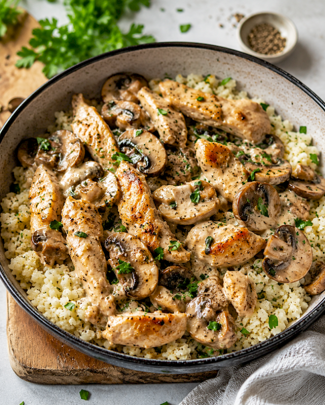 62. Low-Carb-Rezept: Puten-Pilz-Pfanne mit Blumenkohlreis