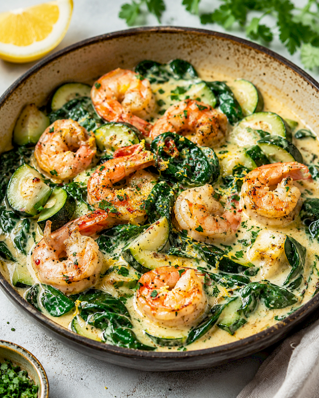 63. Low-Carb-Rezept: Garnelen-Spinat-Pfanne mit cremiger Zitronen-Sauce