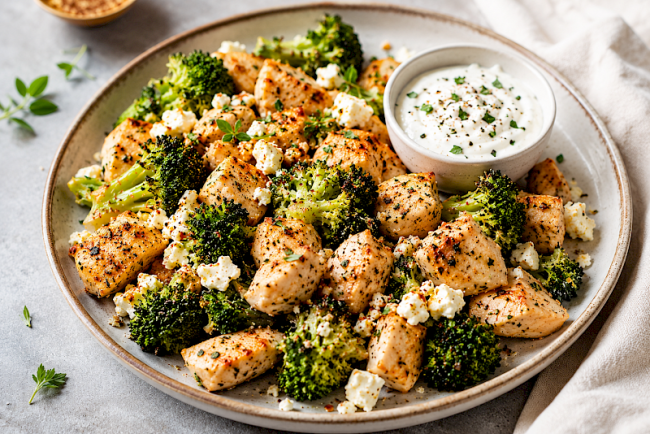 64. Low-Carb-Rezept: Ofen-Feta mit Brokkoli & Hähnchenwürfeln