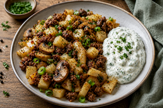 67. Low-Carb-Rezept: Hackfleisch-Kohlrabi-Pfanne mit Kräuterjoghurt