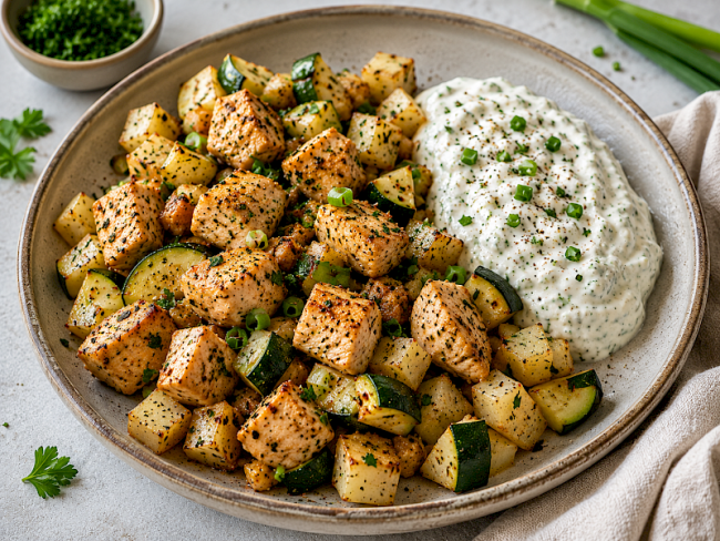68. Low-Carb-Rezept: Hähnchen-Sellerie-Pfanne mit cremigem Senfquark