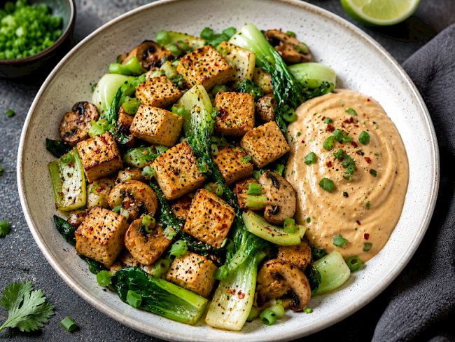69. Low-Carb-Rezept: Tofu-Pak-Choi-Pfanne mit Erdnuss-Skyr-Sauce