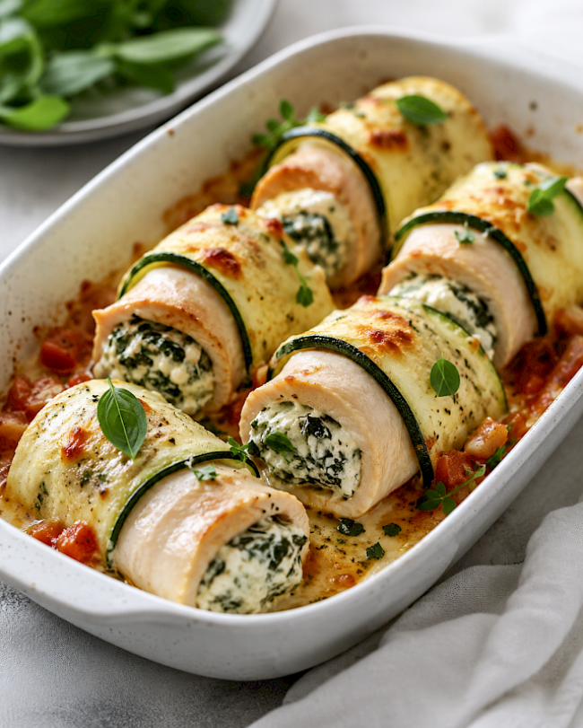 71. Low-Carb-Rezept: Puten-Zucchini-Röllchen mit Ricotta-Spinat-Füllung