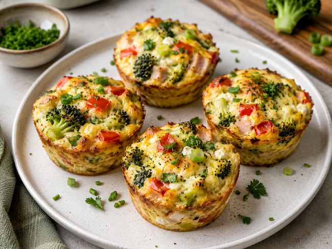 72. Low-Carb-Rezept: Eier-Muffins mit Putenbrust, Brokkoli & Hüttenkäse