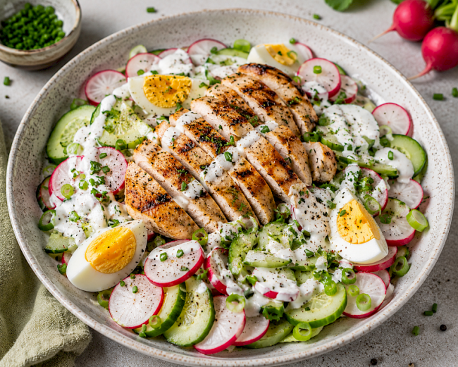 75. Low-Carb-Rezept: Hähnchen-Radieschen-Salat mit Eier-Skyr-Dressing