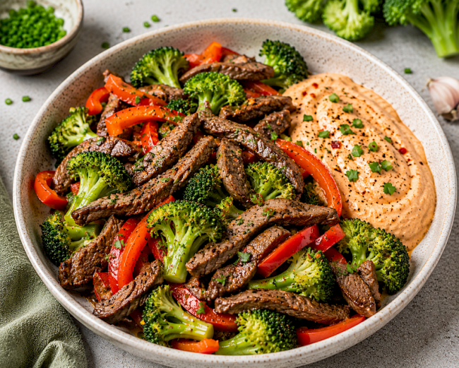 76. Low-Carb-Rezept: Rinderstreifen-Brokkoli-Pfanne mit cremiger Paprika-Skyr-Sauce