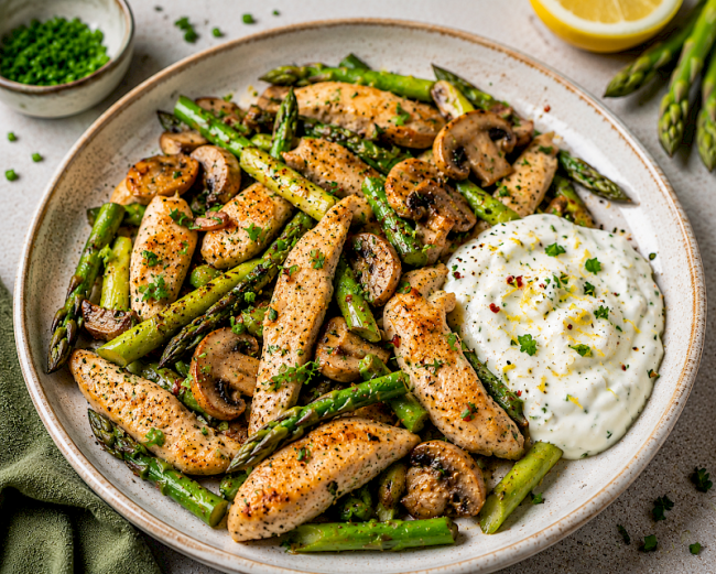 77. Low-Carb-Rezept: Puten-Spargel-Pfanne mit cremigem Zitronen-Skyr