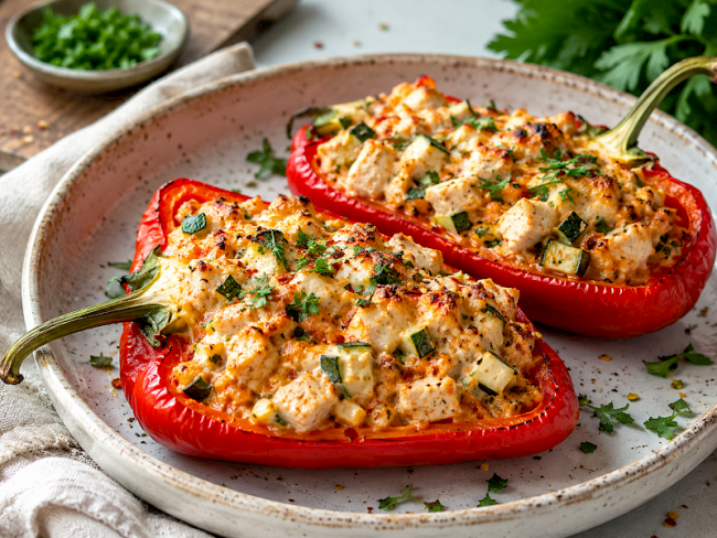 78. Low-Carb-Rezept: Gefüllte Paprika-Boote mit Hähnchen-Hüttenkäse-Füllung